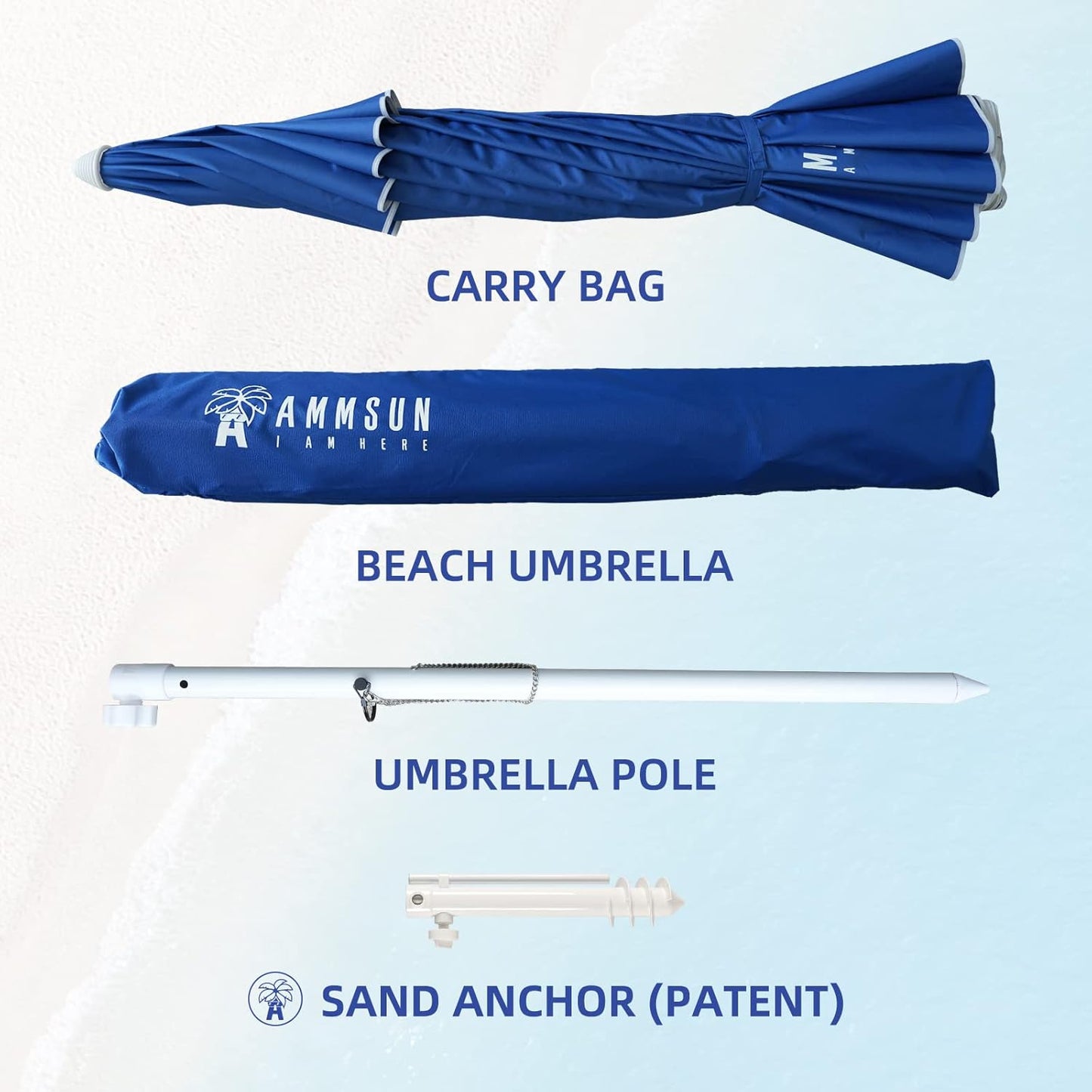 AMMSUN 8FT Beach Umbrella – Tilt, Sand Anchor, UPF 50+ UV Protection