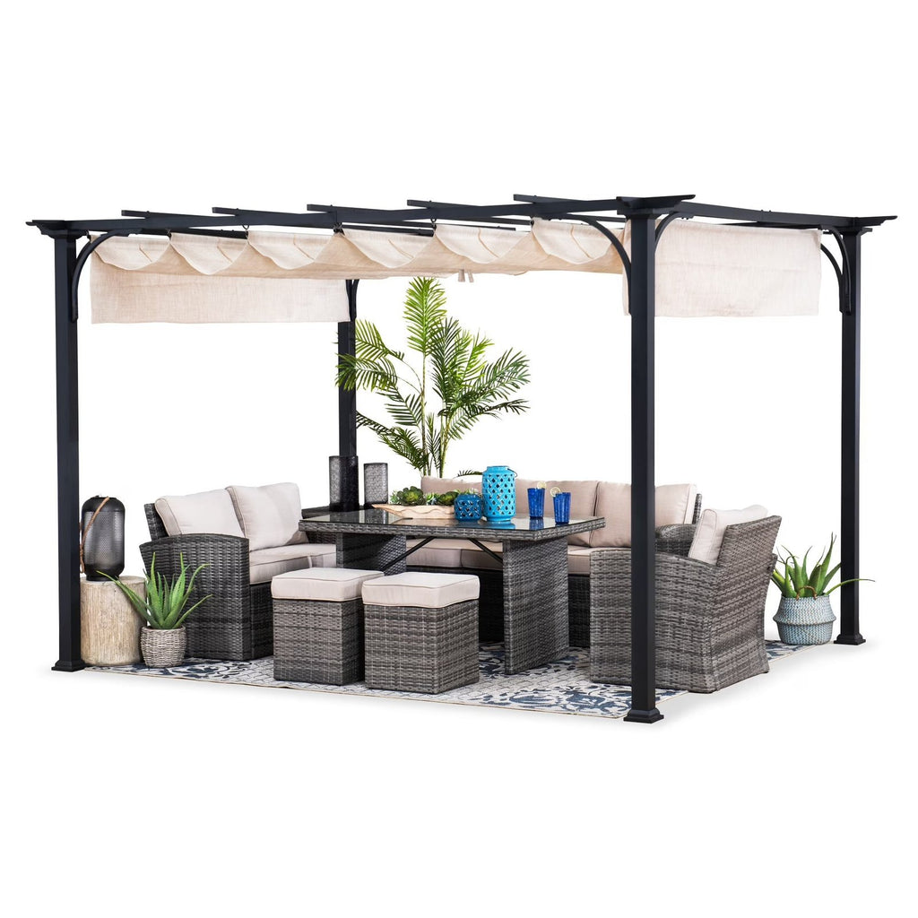 Outdoor Pergola 9 x 12 ft. Patio Black Steel Frame Pergola with Retractable Beige Canopy Shade for Backyard, Garden Activities