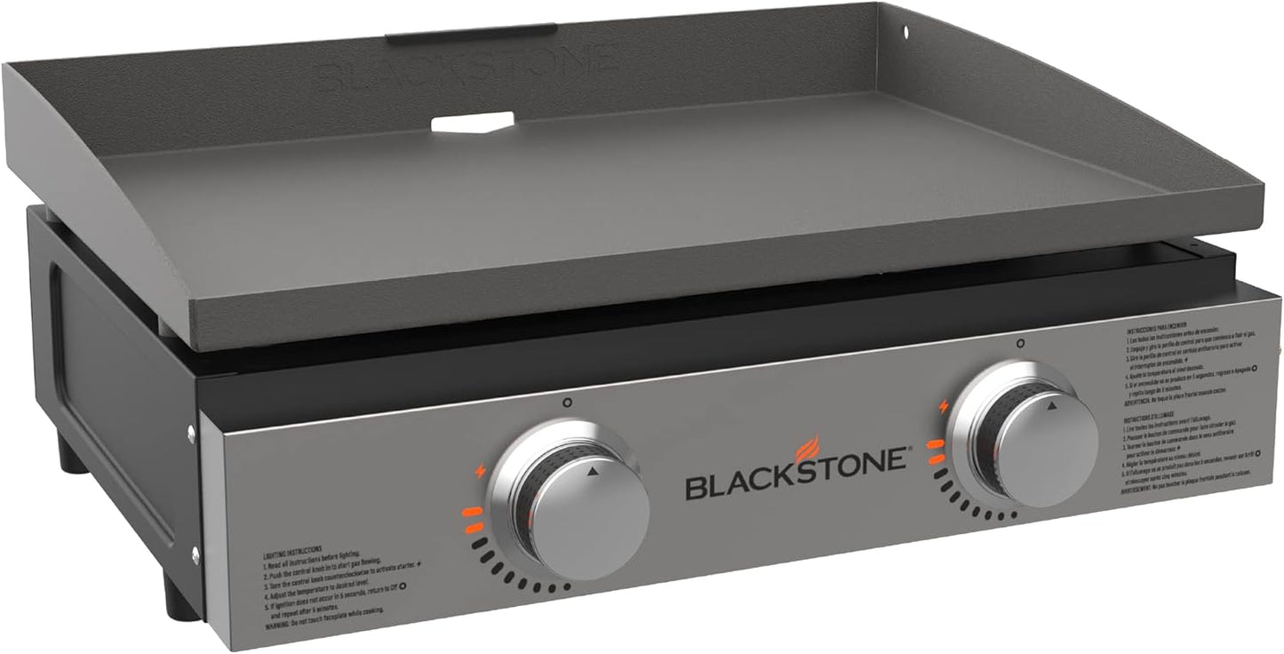 Blackstone 22″ Portable Tabletop Griddle – Dual Burner Flat Top Grill, 24,000 BTU Propane with Stainless Steel Faceplate &amp; Rear Grease System