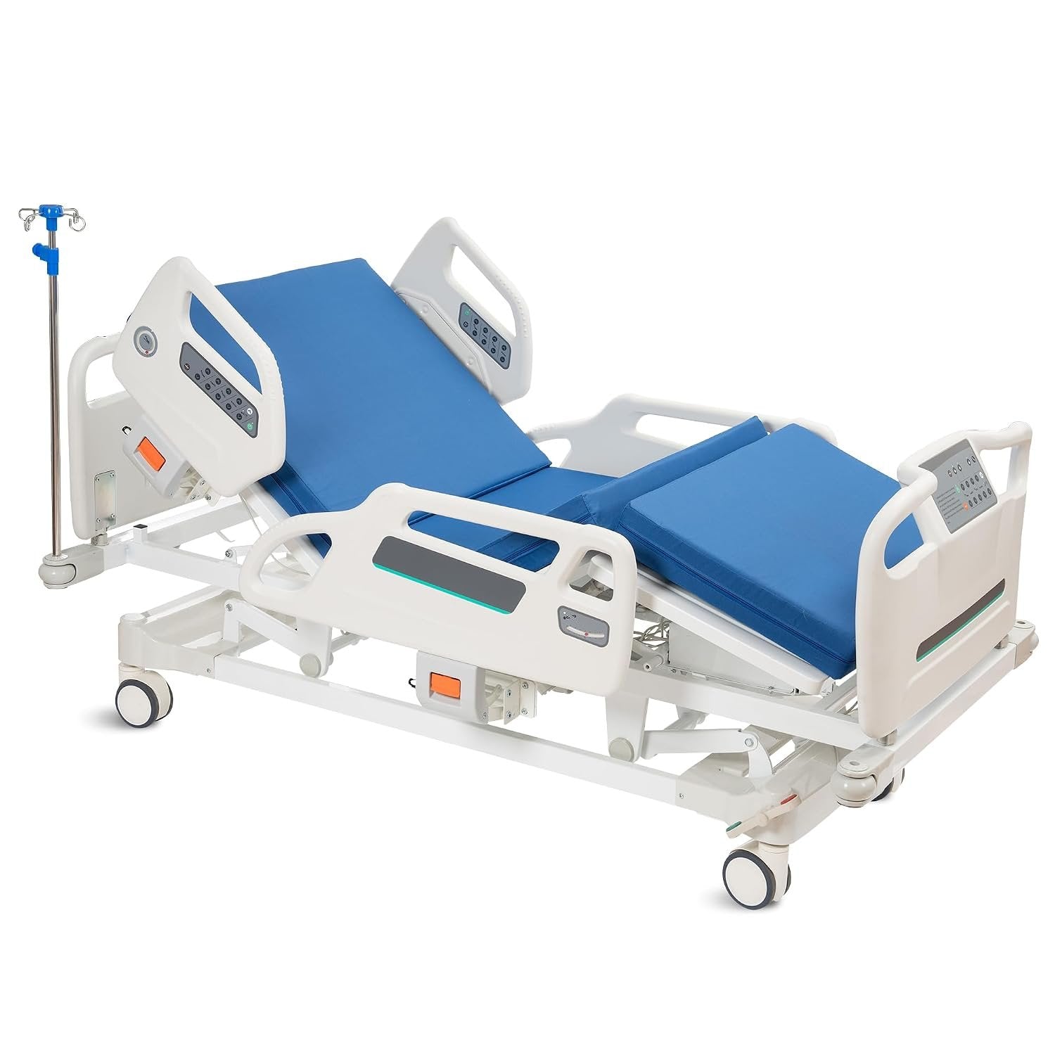Real Relax Premium 3 Function Full Electric Hospital Bed (with Mattress &amp; IV Pole), Premium Medical Hospital Beds, with Locking Casters, Motor, 530LBS Loading, Includes Sheets (2X)