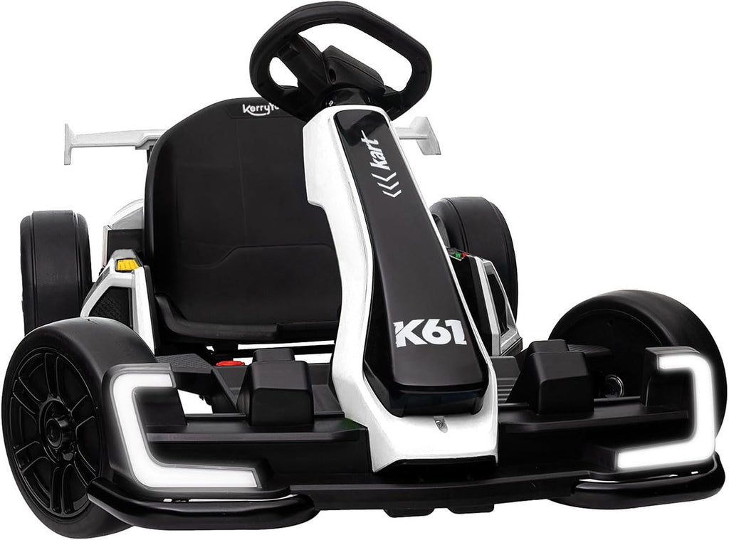 KerryYoo K61 Go Kart Electric Drift Kart with Length Adjustable Seat, 24V Outdoor Ride on Toy with 4 Speed Mode, Crazy Kart for Kids 6-12 Years Old, Fast 300W Motor, 8.5 MPH, Bluetooth - Gray