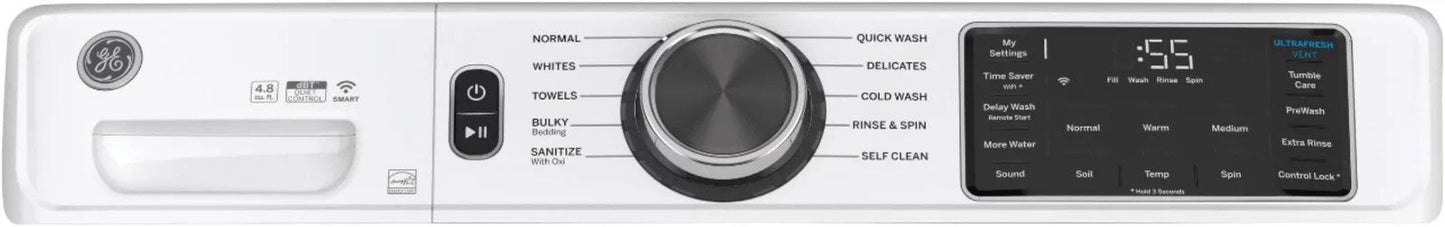 GE – 4.8 CuFt High-Efficiency Stackable Smart Front Load Washer w/UltraFresh Vent System & Microban Antimicrobial Technology – White on white
