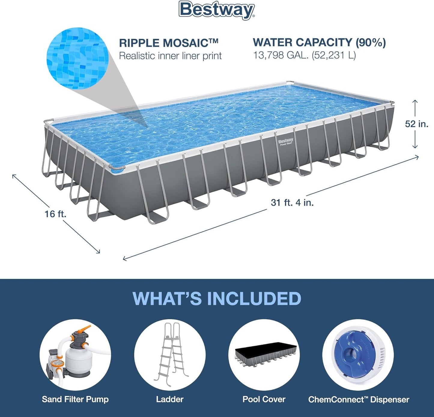 31ft x 16ft x 52in Power Steel Rectangular Above Ground Pool Set
