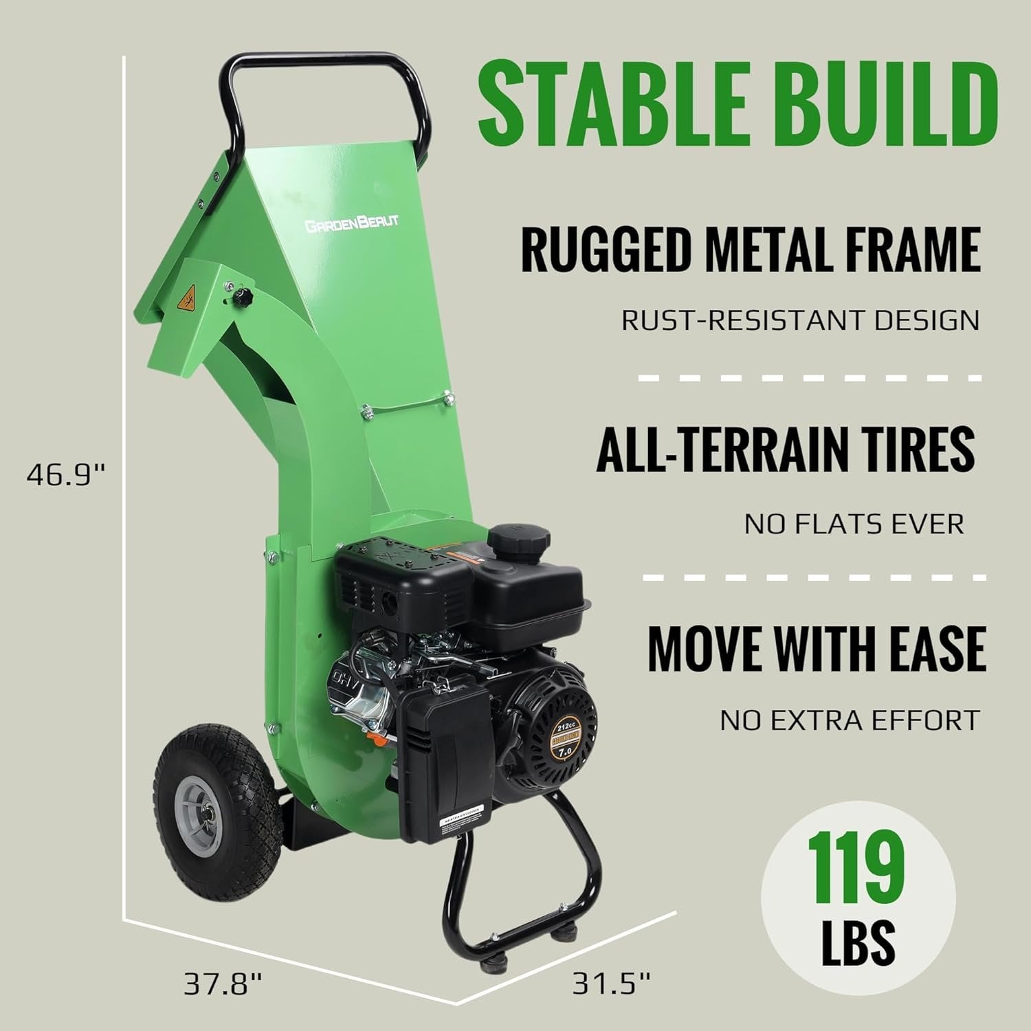 S3 Gas-Powered Wood Chipper Shredder, 7HP, 3" Max Diameter, Heavy Duty