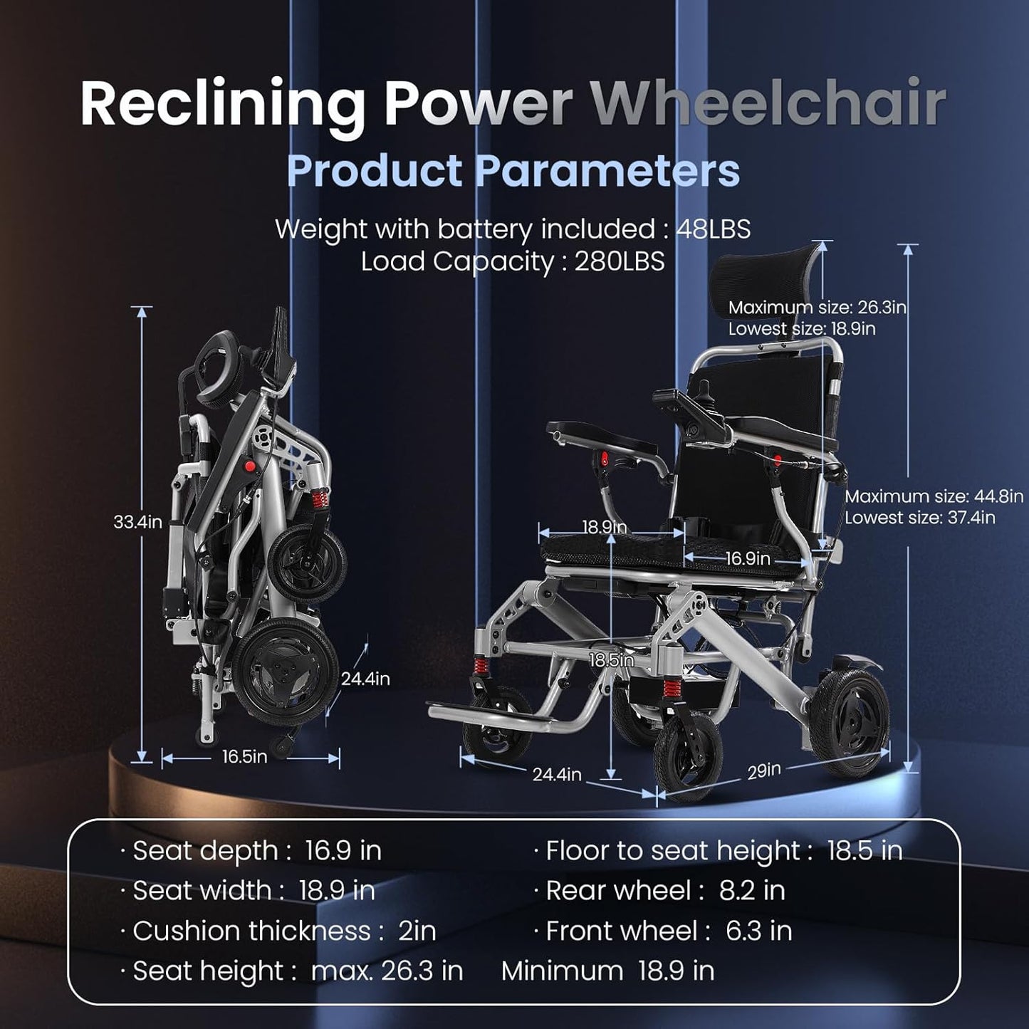 2025 Reclining Electric Wheelchair – 30+ Mile Range, Foldable All-Terrain Power Chair with Dual Batteries, Headrest &amp; Telescopic Handle