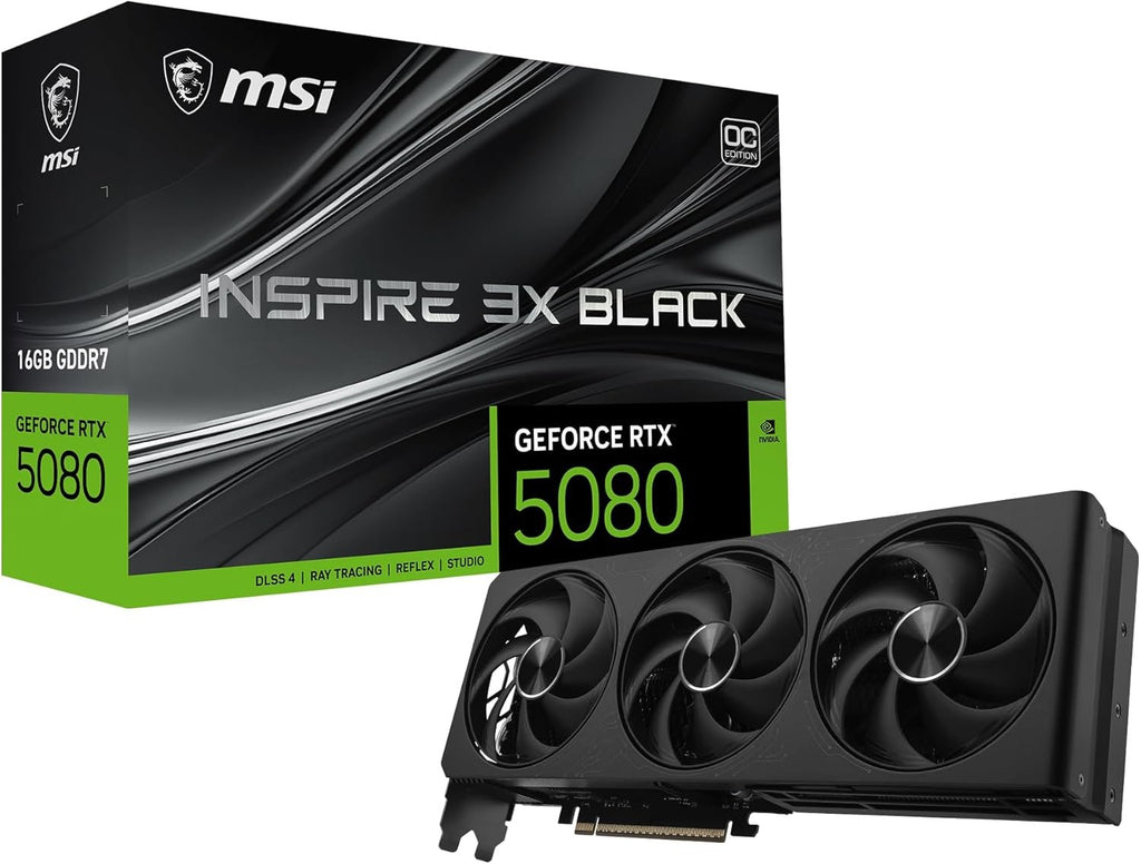 msi Gaming RTX 5080 16G Inspire 3X OC Black Graphics Card (16GB GDDR7, 256-bit, Extreme Clock 2655 MHz, DisplayPort x 3 2.1a, HDMI 2.1b, NVIDIA Blackwell Architecture)