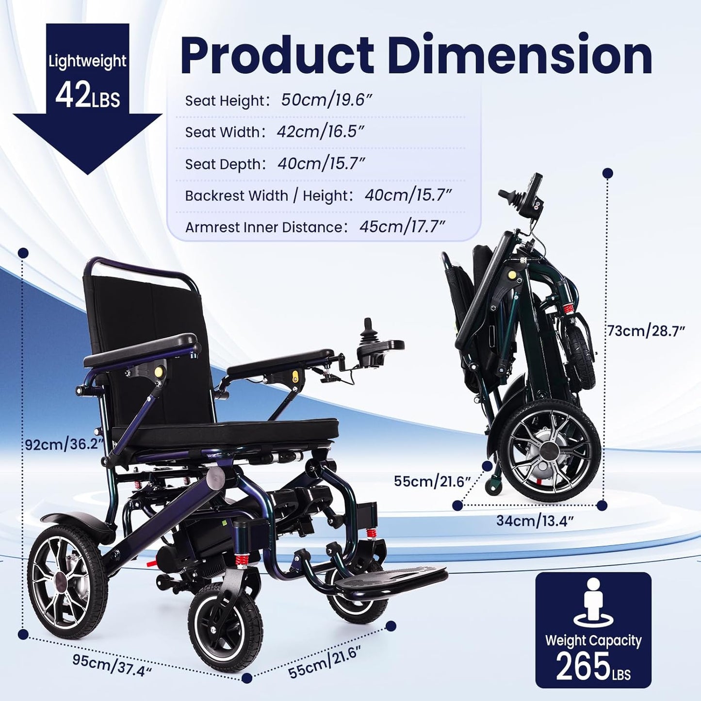42 lbs Foldable Electric Wheelchair – Dual Battery, 500W, Airline Approved
