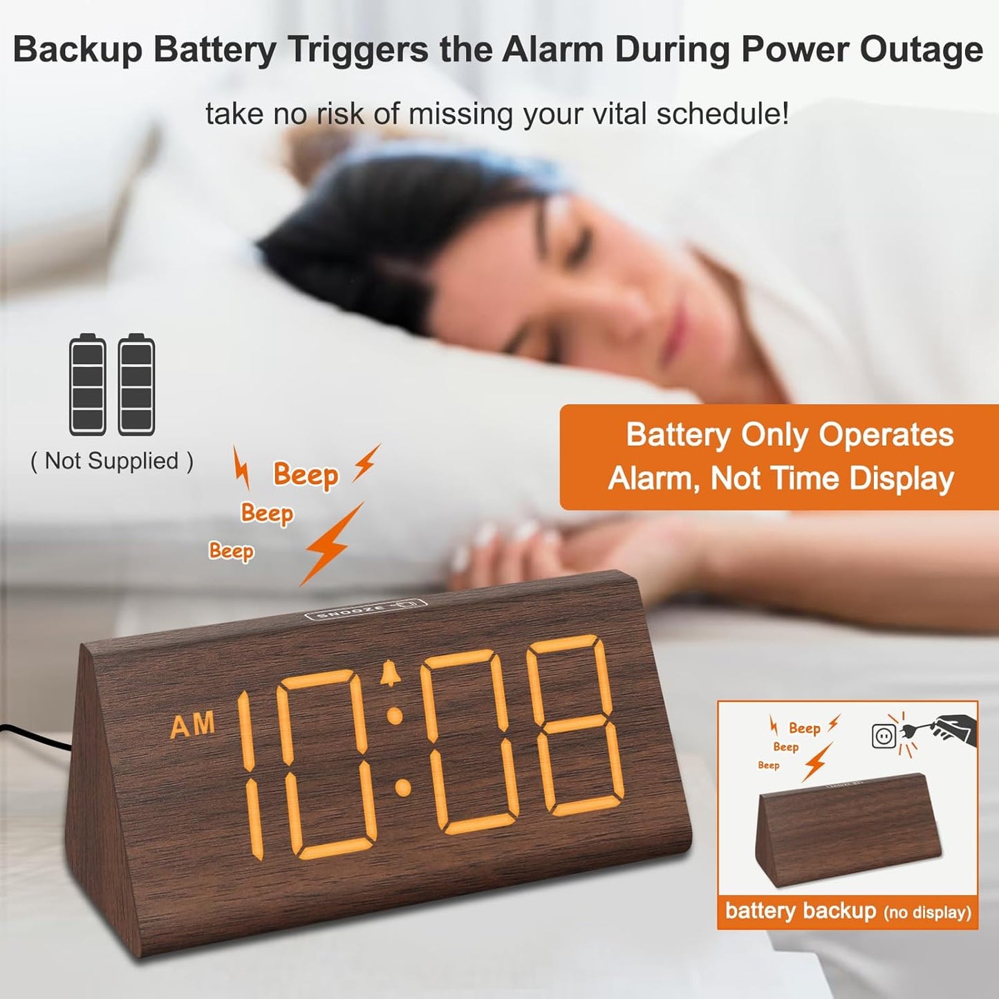 Wooden Digital Alarm Clock for Bedroom – LED Desk Clock with Large Display, USB Port, Adjustable Volume, Dimmer & Snooze, Adapter Powered