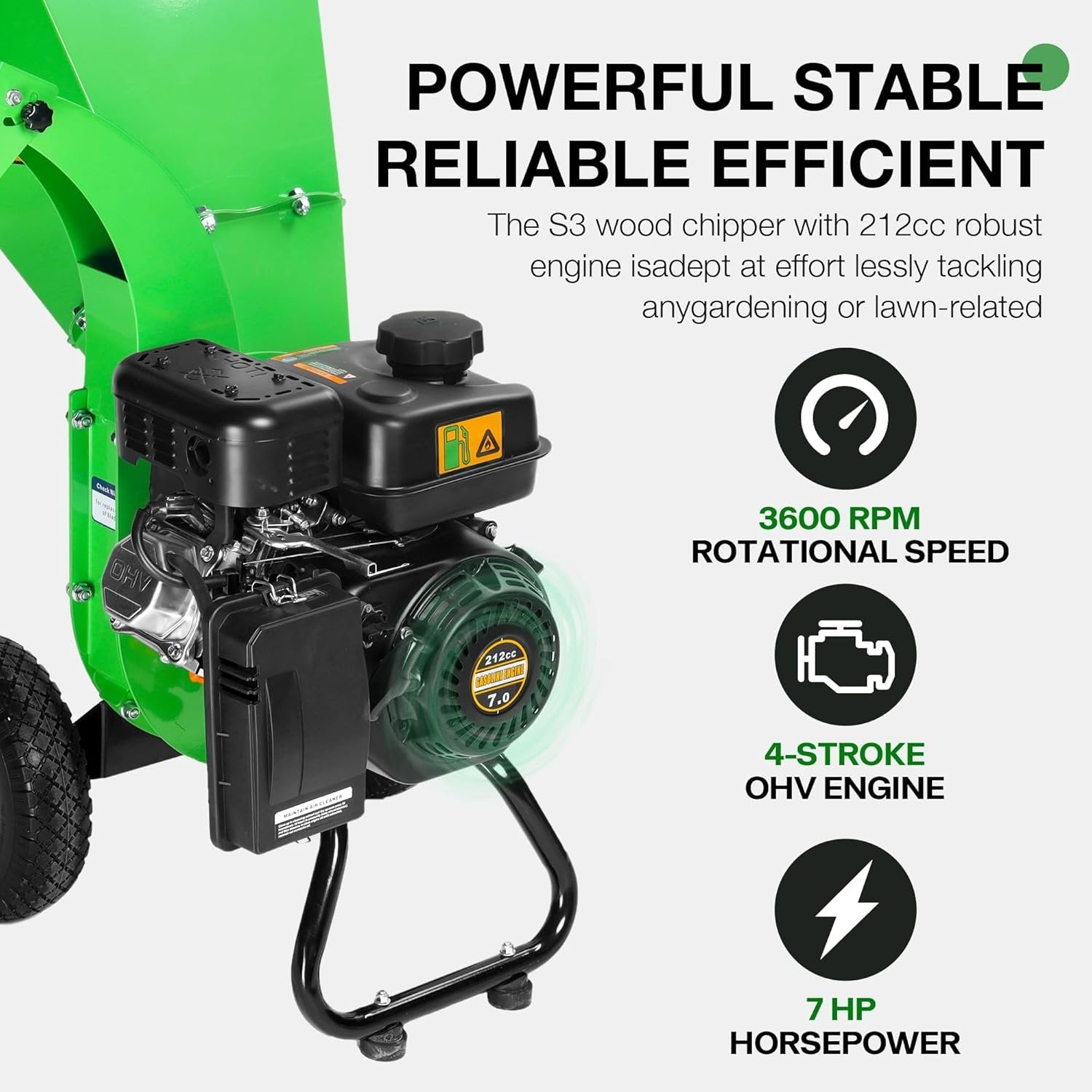 S1 Gas-Powered Wood Chipper, 7HP, 3" Max Diameter, High Reduction Ratio
