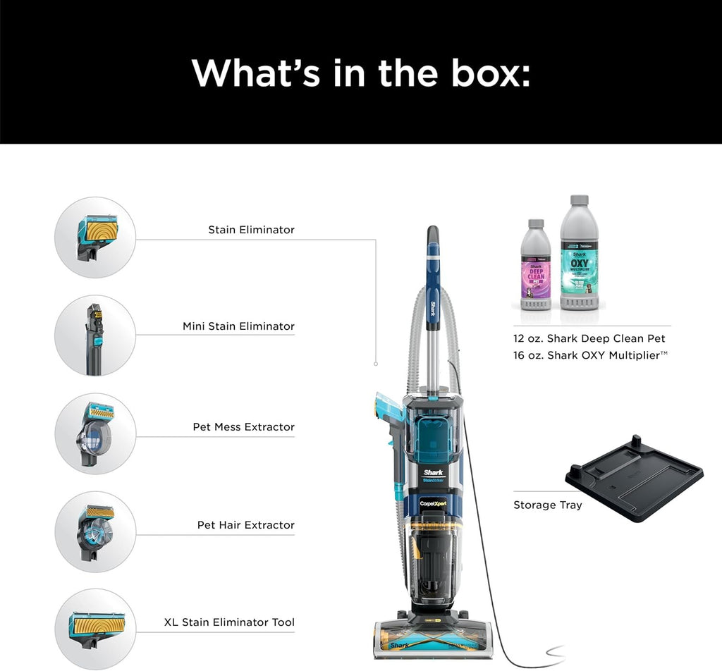 Shark CarpetXpert with StainStriker Upright Carpet, Area Rug & Upholstery Cleaner with Pet Mess Extractor Tool, Perfect for Pets, Carpet Shampooer, 3 Cleaning Tools, Cleaning Solutions, White, EX201