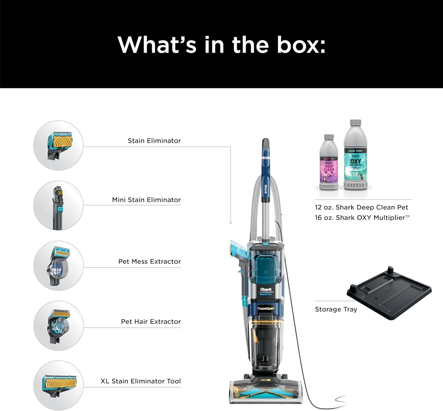 Shark CarpetXpert with StainStriker Upright Carpet, Area Rug & Upholstery Cleaner with Pet Mess Extractor Tool, Perfect for Pets, Carpet Shampooer, 3 Cleaning Tools, Cleaning Solutions, White, EX201