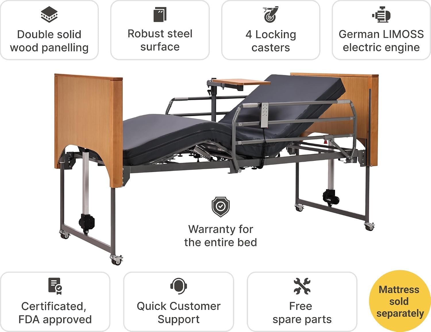 Electric Hospital Bed for Home Use – 5 Functions, Advanced German LIMOSS Motor, Ultra-Low 8.5"–25" Adjustable Height, Double Solid Wood Panels with Medical Overbed Table &amp; Foldable Rails