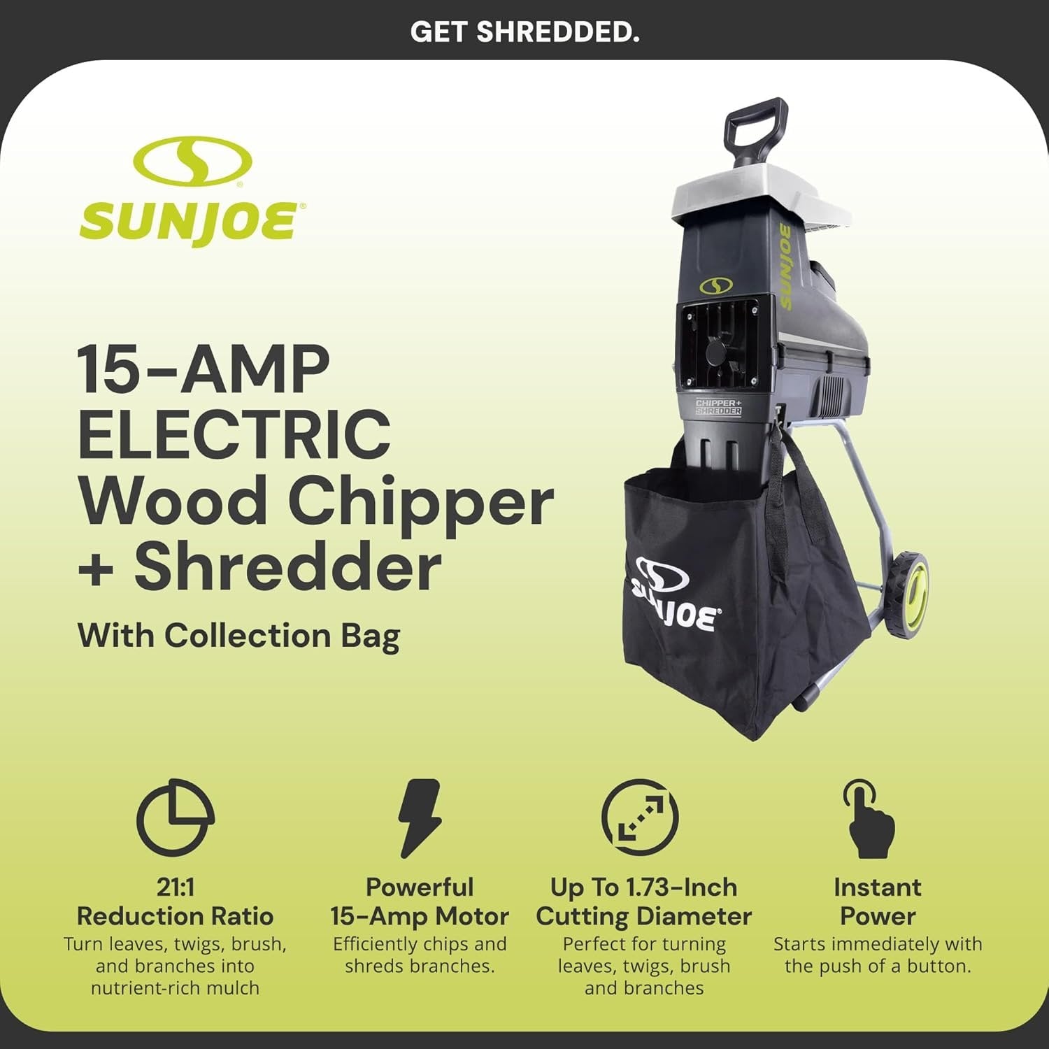 Sun Joe CJ603E Corded Wood Chipper & Shredder, 15A, 1.7" Cut Diameter
