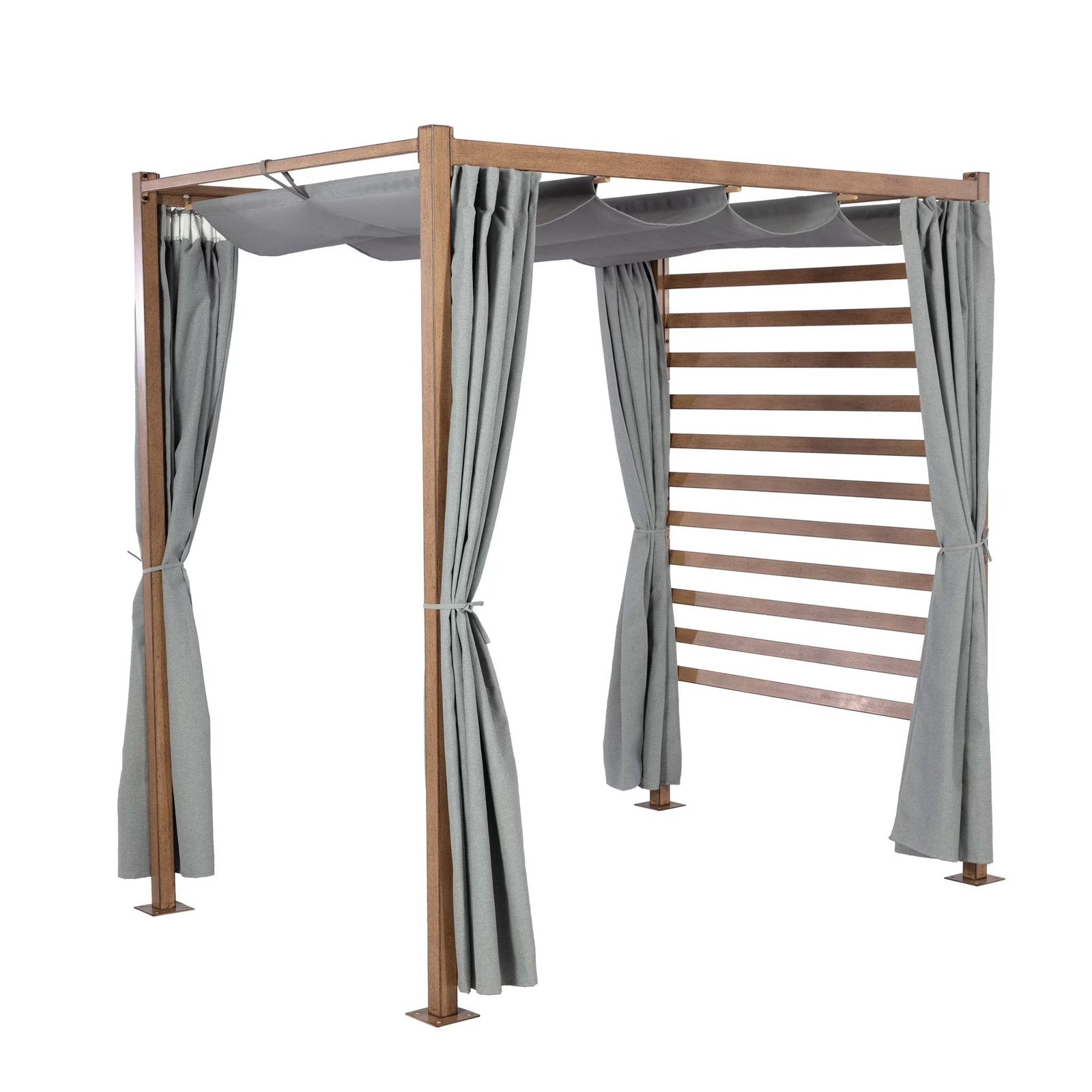 Marlow Pergola with Retractable Curtains and Faux Wood Finish, Grey