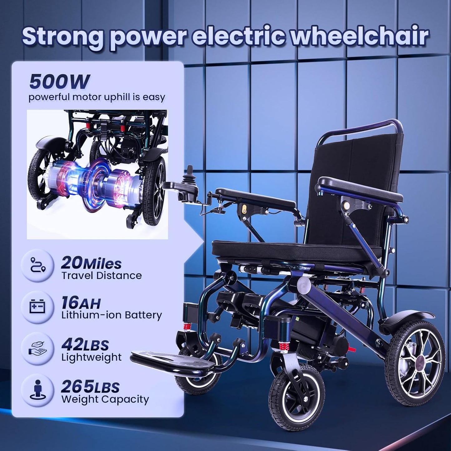 42 lbs Lightweight Electric Wheelchair – Gradient Color, Bluetooth Remote, Dual Batteries, 500W Power, Foldable &amp; Airline Approved