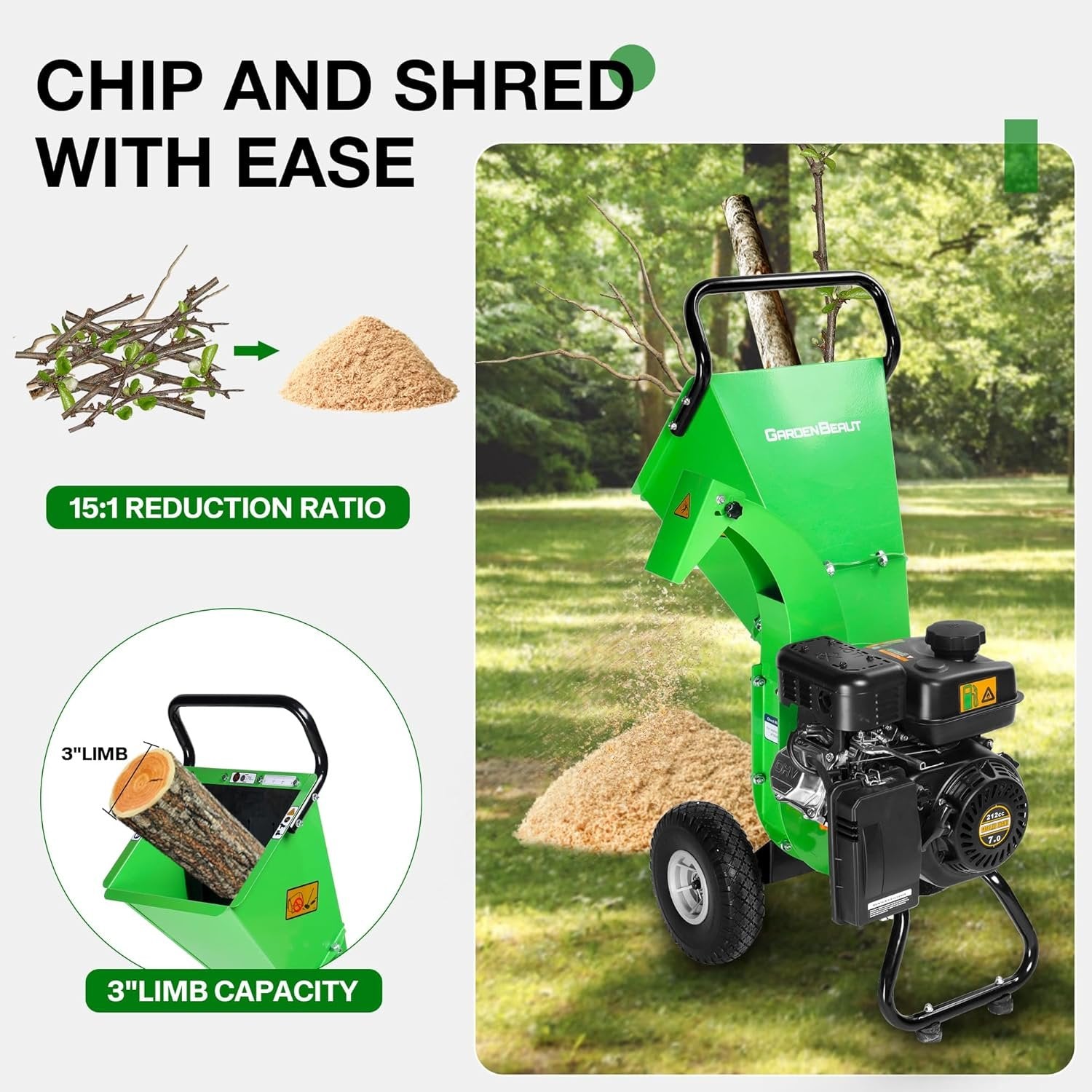 S3 Gas-Powered Wood Chipper Shredder, 7HP, 3" Max Diameter, Heavy Duty