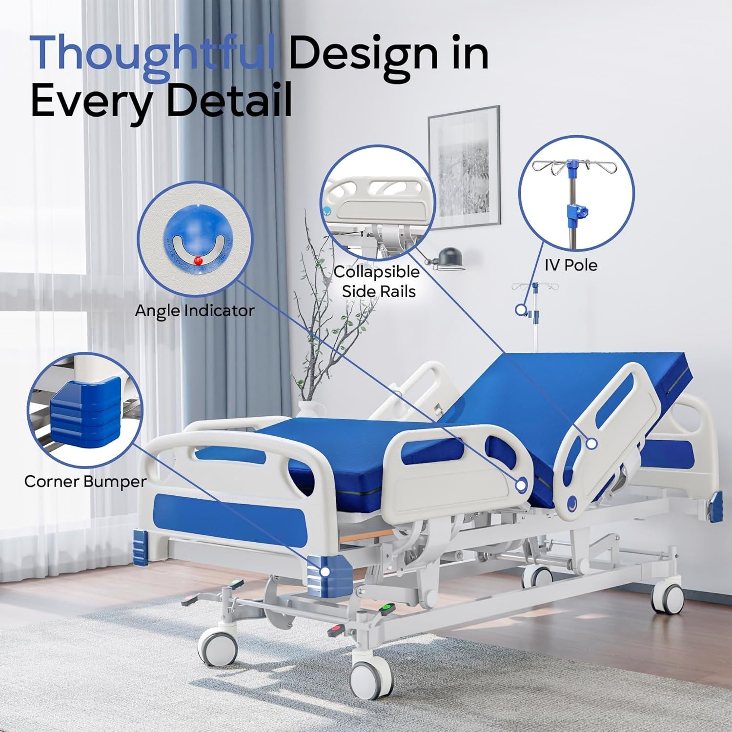 Premium Full Electric Hospital Bed for Home Use, 5 Function Medical Bed with 4.7” Foam Mattress, Height Adjustable, Central Locking System, Includes Sheets (2X) (5 Function)