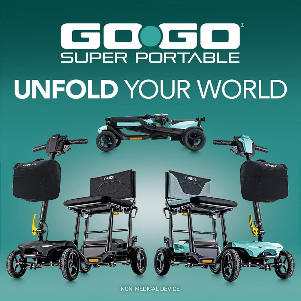 Pride Mobility Go-Go Super Portable Travel Lightweight Folding Mobility Scooter | up to 4.5 mph Go Go Scooter for Seniors, Adults, Elderly | Airline-Compliant Lithium Battery (Mint)