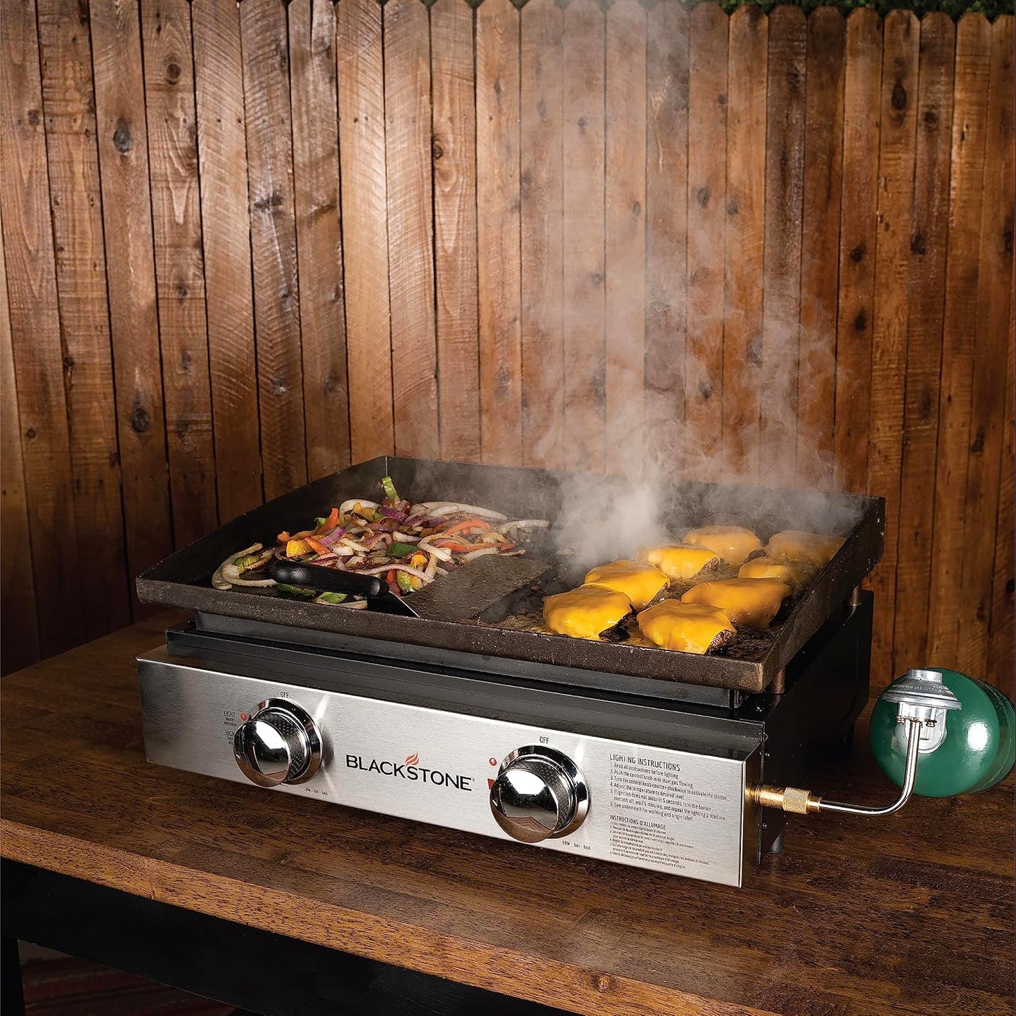 Blackstone 22″ Portable Tabletop Griddle – Dual Burner Flat Top Grill, 24,000 BTU Propane with Stainless Steel Faceplate &amp; Rear Grease System