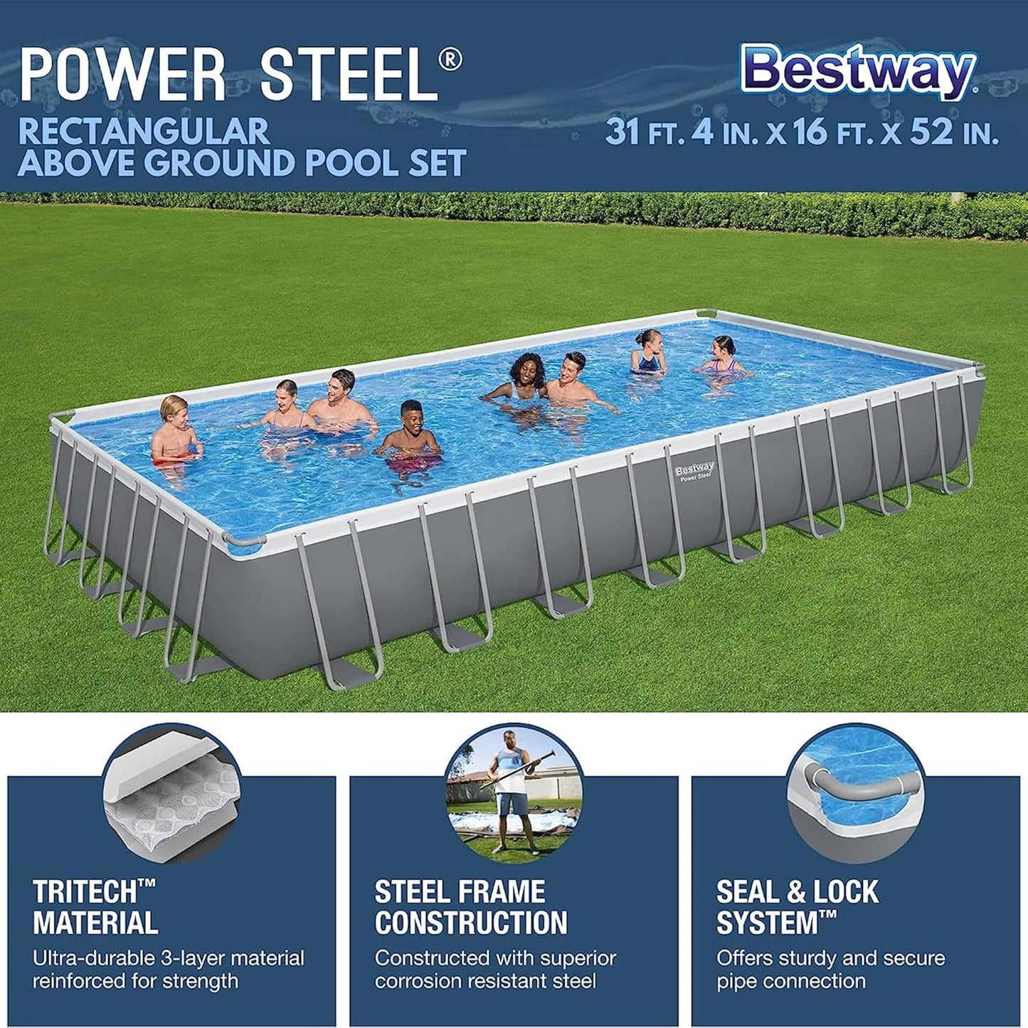 31ft x 16ft x 52in Power Steel Rectangular Above Ground Pool Set