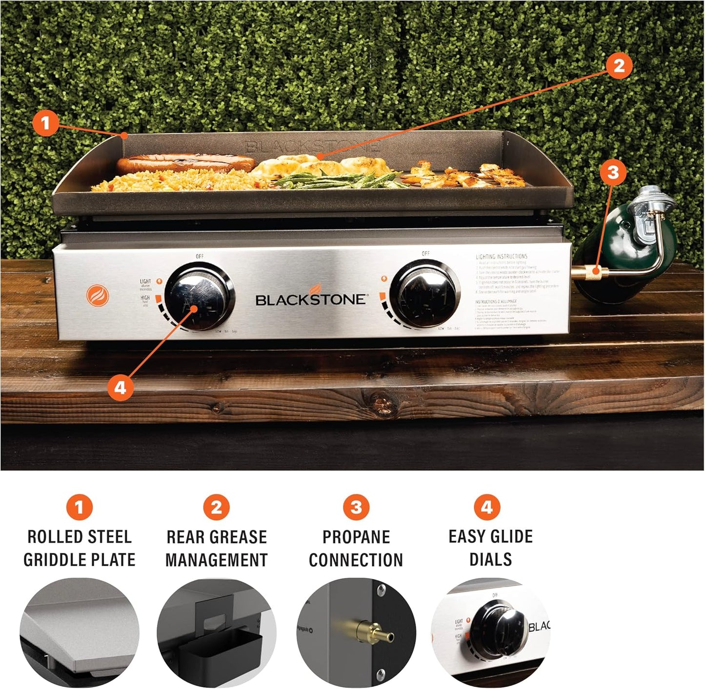 Blackstone 22″ Portable Tabletop Griddle – Dual Burner Flat Top Grill, 24,000 BTU Propane with Stainless Steel Faceplate &amp; Rear Grease System