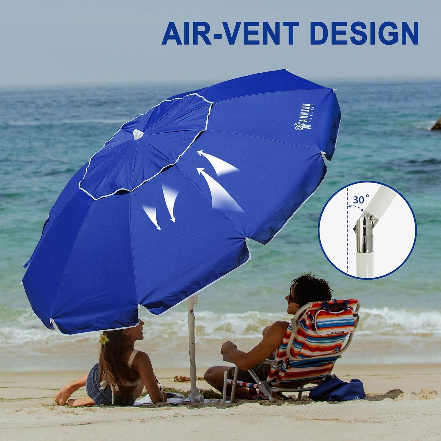 AMMSUN 8FT Beach Umbrella – Tilt, Sand Anchor, UPF 50+ UV Protection