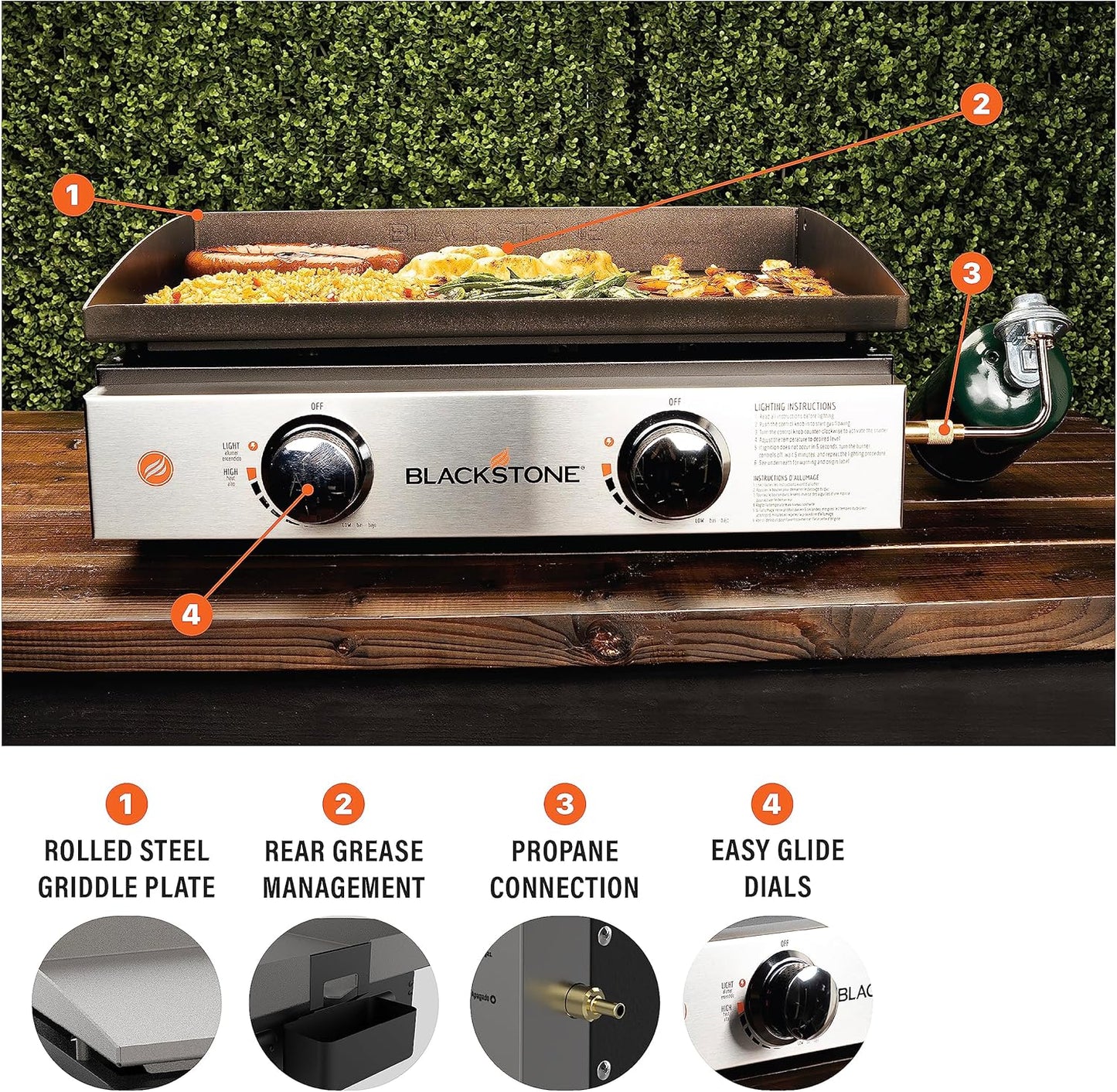 Blackstone 22″ Portable Tabletop Griddle – Dual Burner Flat Top Grill, 24,000 BTU Propane with Stainless Steel Faceplate &amp; Rear Grease System