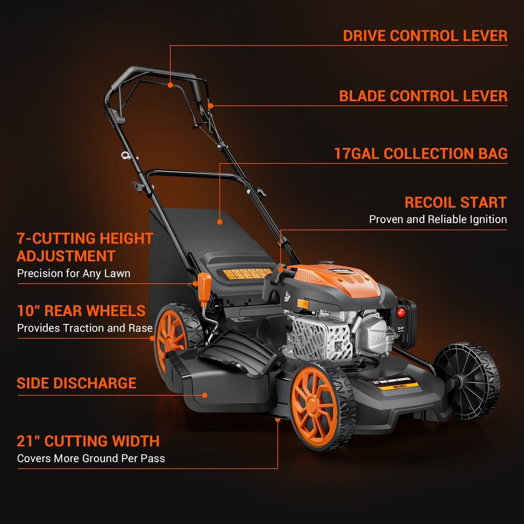 21" 170cc Gas Self-Propelled Lawn Mower, 3-in-1 with 7-Height Adjustment